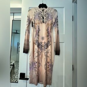 AFRM Beige and Lavender Long Sleeve Floral Bodycon Midi Dress